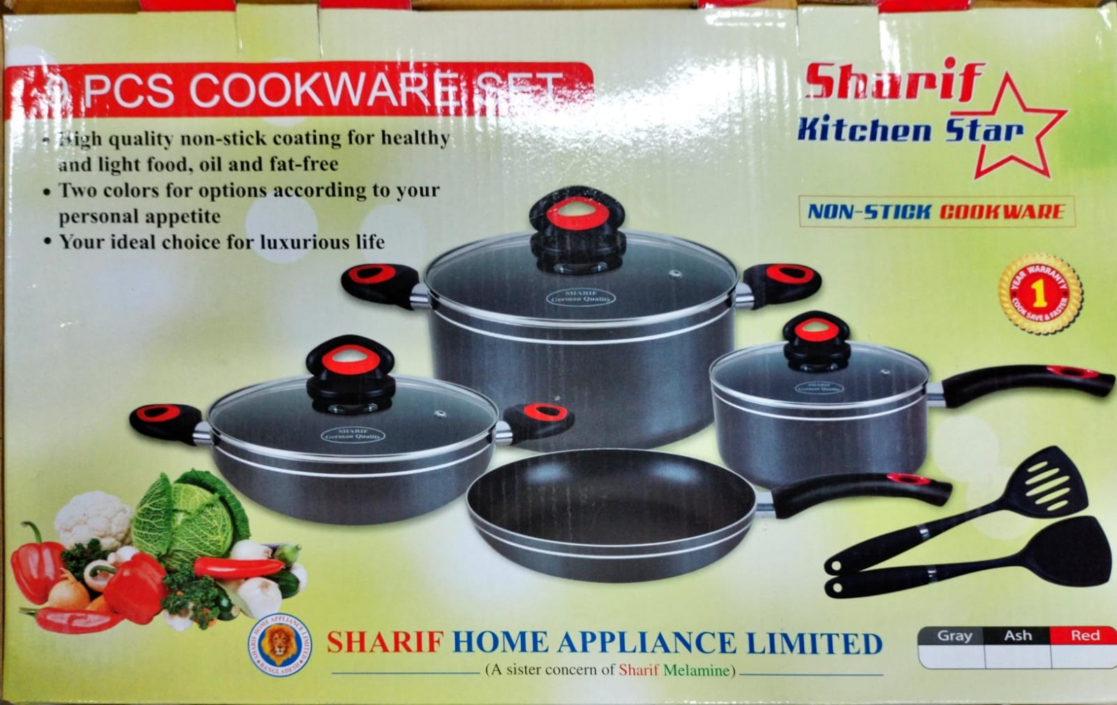 Sharif 9 PCS Non Stick Cookware Set Color (Grey / Ash / Red)
